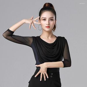 Stage Wear Autumn And Winter Elegant Modern Dance Top Women's Adult Sexy 3/4 Sleeve Mesh Latin Black Red