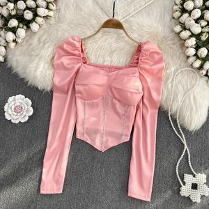 Women's Blouses Chic Blusa Mujer Tops For Women 2023 Square Collar Puff Sleeve Folds Camisas Female Korean Fashion Slim Drop