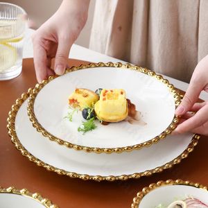 皿プレート北欧のゴールドビーズセラミックディナーとボウルライトラグジュアリー家庭用食器の厚板朝食デザート230828