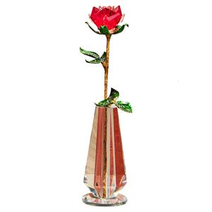 Vasos Cristal Rose Vaso Figurine Dourado Folhas Verdes Ornamento Home Decor Aniversário Presente de Casamento 230829