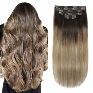 Remy Clip in Human Hair Extensions Balayage Ombre Double Weft Clip Ins on Extension 120g