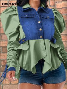 Women's Jackets CM.YAYA Vintage Women Drawstring Ruched Up Puff Long Sleeve Single Breasted Turn-down Collar Denim Shirt Blouse Coat 230828