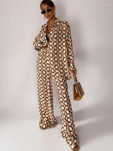 Женская пижама для женщин для женщин для женщин Мода Свободный Принт 2 кусок набор 2023 Элегантная блузка с длинным рукавом с высокими брюками для ног с высокой талией.