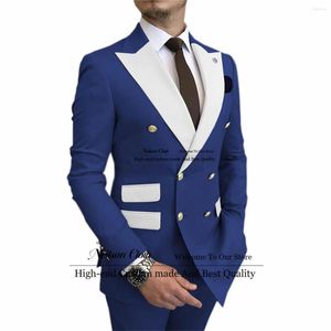 Men's Suits Formal Blue Men Peaked Lapel Double Breasted Groom Wedding Tuxedos 2 Pieces Sets Male Prom Blazers Slim Fit Costume Homme