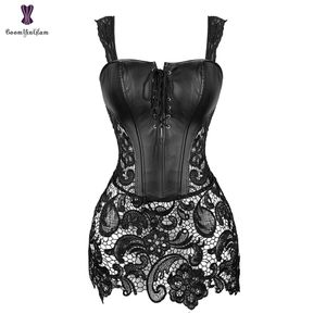 Midja mage Shaper Black Red Women's Gothic Lace Up Front Punk Faux Leather Bustier Corset Dress Plus Size Lingerie Set med G String 903# 230828