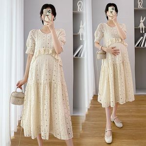 Dresses 8236# Vintage Hollow Out Lace Maternity Long Dress Summer Fashion Ins A Line Loose Clothes for Pregnant Women Ruffle Pregnancy