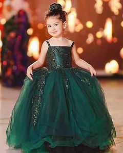 Girl Dresses Boat Neck Dark Green Lace Flower Ball Gown Tulle Backless Lilttle Kids Birthday Pageant Weddding Gowns