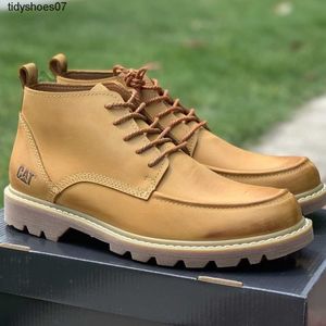 CAT genuine leather round toe lace up outdoor casual shoes with breathable high help work clothes wear-resistant and anti slip men's leather shoes