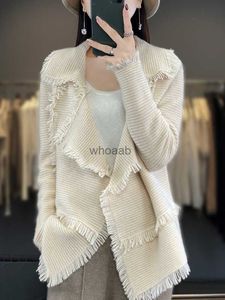 Kvinnokläder Tasselrock 100% Merino Wool Suit Collar Cardigan 2023 Autumn/ Winter Small Fragrance Coat Top Fashion Korean HKD230829