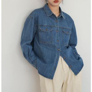 Kvinnorjackor Vintage Blue Cotton Denim Jacket med fickor damer mode lösa långärmad enkelbröstad topp 2023 hösten