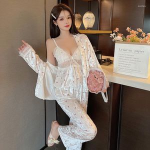 Women's Sleepwear Pajamas Velvet Leisure Female Nightwear Casual Home Suit Pyjamas Robe And Sling Top With Pants Three Piece Set