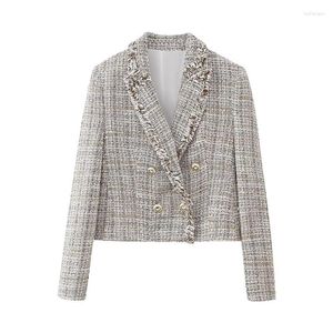 Kvinnorjackor Yenkye Autumn Women Vintage Double Breasted Textured Weave Jacket Lång ärm Lapel krage Frayed Trim Female Crop Coat