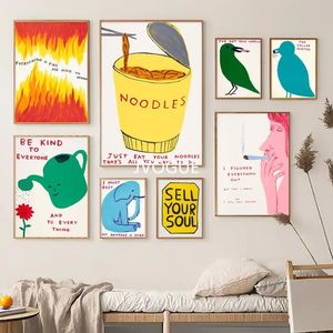 Schilderijen David Shrigley Noedels Vogel Kat Olifant Vlam Wall Art Nordic Poster Prints Canvas Schilderij Foto Woonkamer Decor 230828