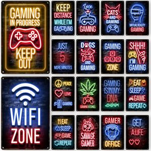 Gamepad Vintage Metal Poster Neon Light Glow Lettering Decorative Tin Sign Game Room Wall Art Plaque Modern Home Decor Aesthetic Gamer Office Painting 20cmx30cm W01