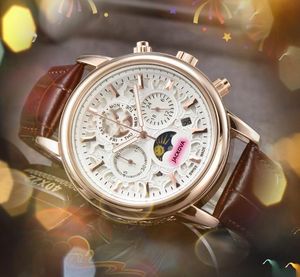Sub dial trabalho data automática masculino cronômetro relógios de luxo masculino pulseira de couro genuíno relógio de movimento de quartzo lua estrela dial super brilhante relógio popular presentes