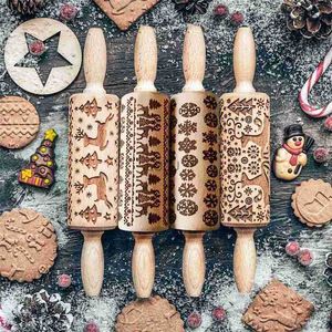 Christmas Child Wooden Rolling Pins Xmas DIY Cookies Maker Tools Kids Reindeer Snowflake Xmas Tree Rolling Pin Girl/Boy's Gift HKD230828