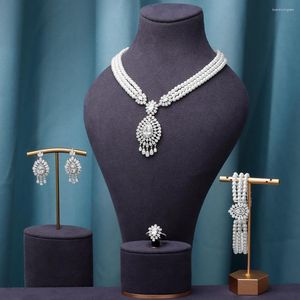Halskette Ohrringe Set Mode Frauen Perlen Schmuck Hohe Qualität Zirkonia Nigerian Braut Hochzeit4 PCS Schmuck Sets