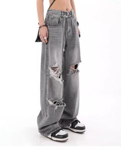 Kvinnors jeans svart ask vintage y2k harajuku hög midja lösa byxor streetwear blå bred ben baggy rippad denim byxor