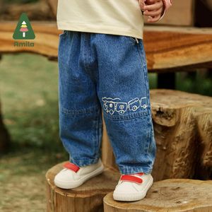 Pantskirt Amila Baby Jeans 2022 Autumn New Blue Loose Cartoon Denim Pants Straight Casual Trousers Girls and Boys Cute Children's Clothes