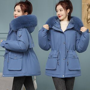 Trench da donna 2023 Moda invernale Con cappuccio Grande collo di pelliccia Parka imbottito Giù Cappotto caldo in cotone Giacca a vento impermeabile