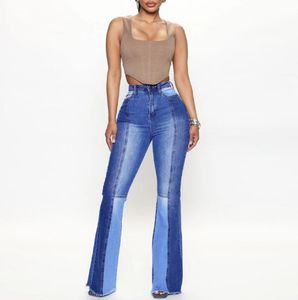 Damen-Jeans, hohe Taille, Stretch, Boot-Cut, für Damen, modisch, zweifarbig, Nähte, Denim, ausgestellte Hosen, lässige Damenhose, S-3XL