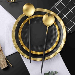 Black Gold Salad Distributing Dishes Cutlery Set Fork Spoon Set Dinnerware Kitchen Utensils Service Salad Tableware Dropshipping Q230829