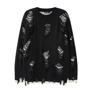 Men's Sweaters High Street Black White Two Sided Round Neck Knit Sweater Autumn and Winter Hip Hop Oversized Perforated Ripped Knitwears 230828