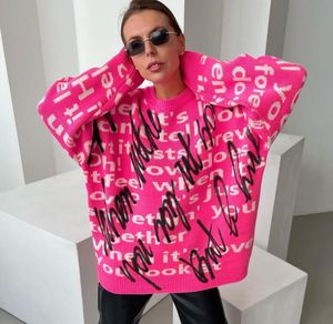 Kvinnors tröja o hals långärmad lös kontrast rosa bokstav broderad topp designer tröja