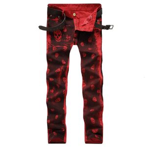 Mens Jeans Drop Men Red White Skull Mönster Tryckt Punk Slim Fit Motorcykel Biker Skinny Cotton Denim Pants 230829