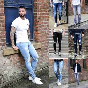S-3XL Men Jeans Knee Hole Ripped Stretch Skinny Denim Pants Solid Color Black Blue Autumn Summer Hip-Hop Style Slim Fit Trousers HKD230829