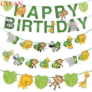 Wszystkiego najlepszego z okazji urodzin Dekoracja dzieci jeden rok 1. Banner Papier Bunting Garland Jungle Safari Baby Shower Boy Girl HKD230829