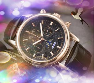 Pełne funkcjonalne skórzane męskie zegarki Stopwatch Zegar Zegar kwarc wodoodporny kalendarz dacie prezydent Księżyc gwiazda wybieranie działalności Business Watch Relogio Masculino Prezenty