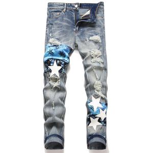 Mäns jeans vintage blå jeans med hål, stjärnor, elastiska och smala montering leggings, mångsidiga mäns byxor, kokosnötträd