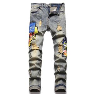 Jeans masculinos perfurados impressos na moda elásticos magros leggings para calças masculinas versáteis