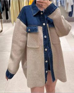 Color blocking San * dro's denim patchwork knitted collar shirt sweater jacket