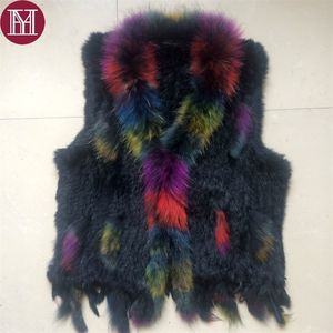 Womens Fur Faux Arrival Winter fur vest women natural rabbit vests colorful raccoon collar brand lady fashion knitted gilet 230828