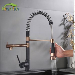 Kökskranar Spring Sink Faucet Rose Gold Color Matching Cold Bath Mixer Tap Modern Free Rotation Pull Down Spout 230829