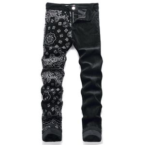 Calças jeans masculinas listradas de veludo tendência elástica slim fit calças impressas para calças masculinas personalizadas