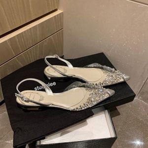 Sandals Fairy Rhinestone Transparent for Women Summer One Line with Small Cap Flat Shoes Crystal Low Heel s