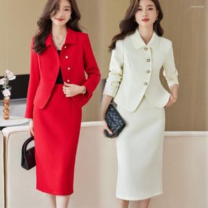 Tvådelad klänningskvalitet Autumn Formal Blazer Kjol Set Outfits Korean Female Business Womens Office Ladies Work Jacket kostym 2023 Vinter