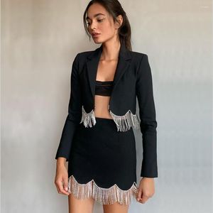 Two Piece Dress Cropped Blazer Tassel Set Hook-And-Eye Placket With Scalloped Crystal Fringe Hem Mini Skirt Inspired By Maren Morris