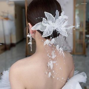 Fermagli per capelli Copricapo da sposa Strass di lusso Nappa Petalo Orecchini a forcina Accessori da sposa Coppia di fiori con perline di seta fatti a mano Scintillanti