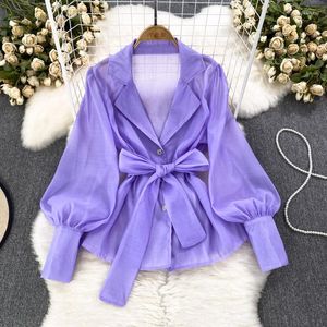 Women's Blouses Chic Women Blouse Chiffon V-neck Blusas Femininas Elegantes Folds Lantern Sleeve For Woman 2023 Korean Fashion Dropship