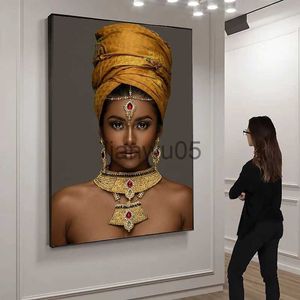 Pittura in metallo Figura Arte Donne africane Lusso Gioielli in oro Dipinti su tela Wall Art Poster Stampe Immagini a parete per soggiorno Home Decor x0829