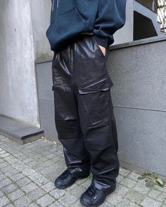 オリジナルのGrailz Pants Men Untitled Patent Leather Wide Legストレートシルエットカジュアルルーズフィッティングワークウェアパンツのための複数のポケット