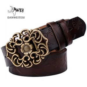 Belts Women Belt Vintage Leather Belt Women Genuine Cow skin Fashion Floral Curved Buckle Belts For Women Top Quality Accessory 230829