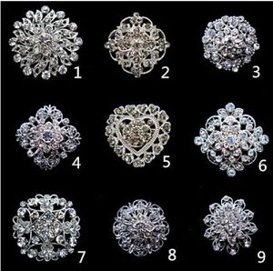 1,3 Zoll glitzernde, silberfarbene, klare Strass-Kristall-Diamant-Blumennadeln für Hochzeitstorte, Blumenstrauß, Brosche, gemischte Designs