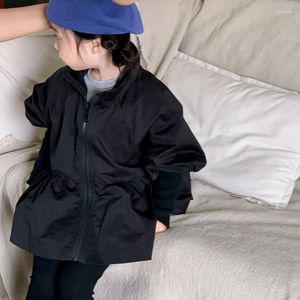 Jackets Children's Clothing Children 2023 Girls Autumn Black Puff Sleeve Mid-Length Trench Coat