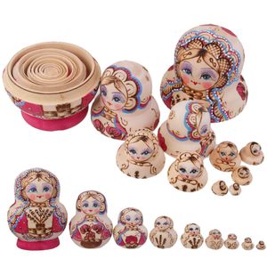 Dolls 10pcs Set Russian Dolls Matryoshka Nesting Toy Painted Trees Wood 230829