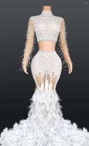 Stage Wear Colorful Shining Rhinestones Pearls Top And Long Feathers Women Dress Evening Wedding Elegant Party Clothing Prom Costumes